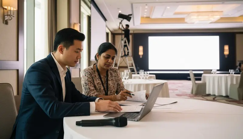 An emcee and an event organiser going through the run sheet and script at a ballroom table before the event