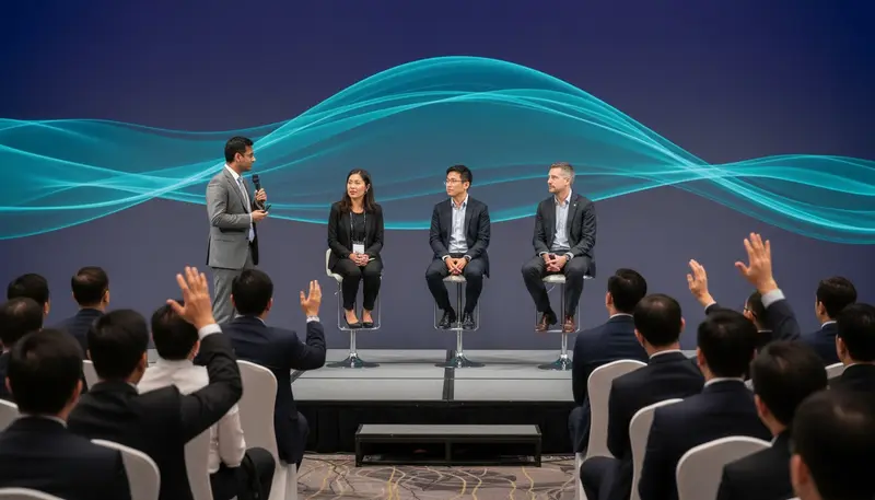 Conference emcee in Singapore moderating a panel discussion on stage in a convention hall