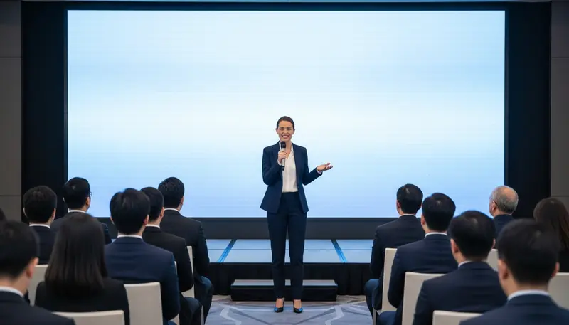 Corporate event emcee in Singapore hosting a company town hall from the stage