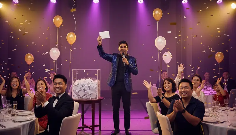 Dinner and dance emcee in Singapore running the lucky draw at a company D&D in a hotel ballroom