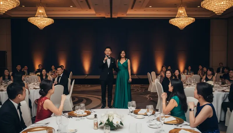 Emcee in Singapore: a male and a female host with microphones on stage at a hotel ballroom dinner
