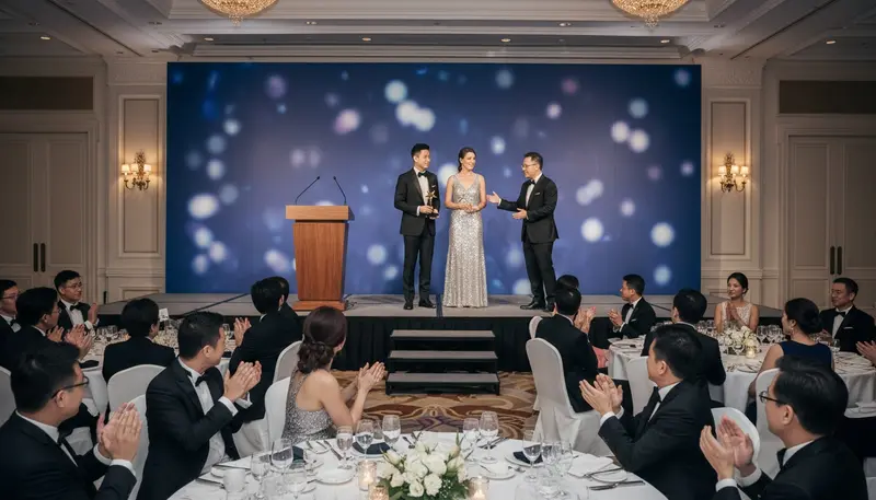 Gala dinner emcee pair in Singapore presenting an award on stage at a black tie awards night