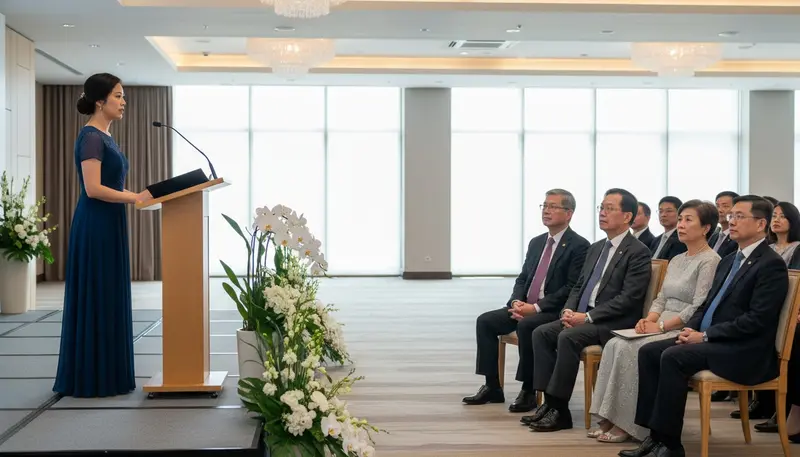 Government agency emcee in Singapore at a lectern welcoming the guest of honour at a formal ceremony