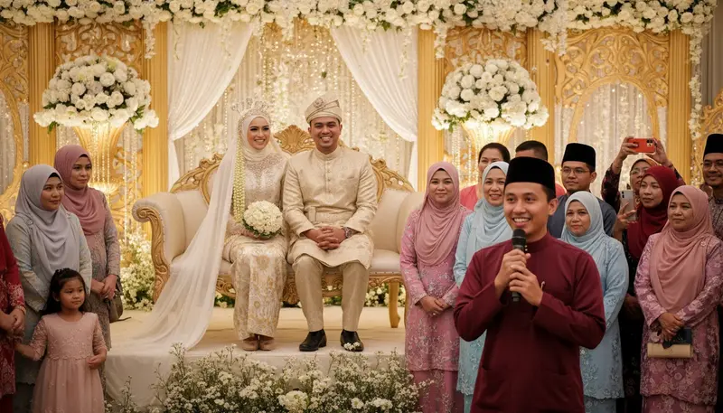 Malay wedding emcee in Singapore hosting the bersanding with the couple seated on the pelamin
