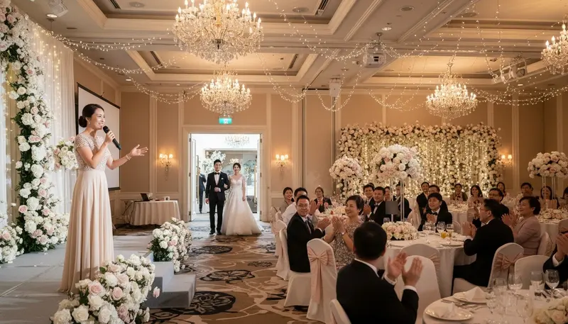 Wedding emcee in Singapore announcing the couple's march-in at a hotel wedding banquet